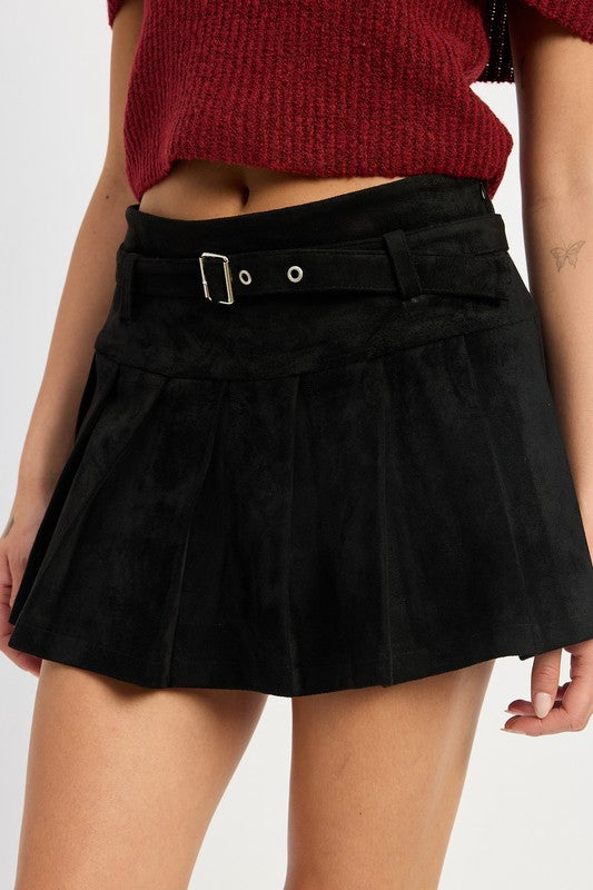 PLEATED SUEDE SKORT WITH BELT - Fuzzys Fashion USA