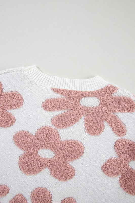 Women Flower Drop Shoulder Loose Sweater - Fuzzys Fashion USA