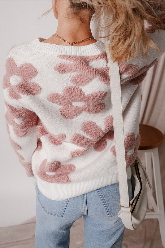 Women Flower Drop Shoulder Loose Sweater - Fuzzys Fashion USA