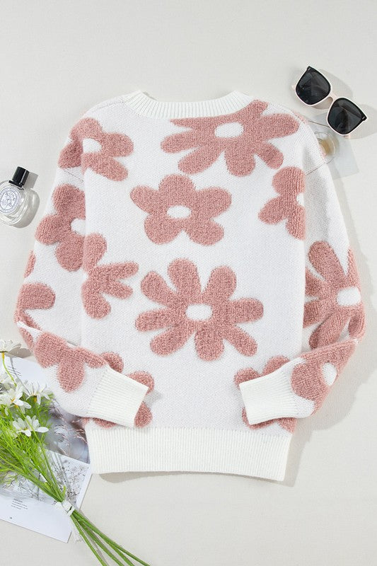Women Flower Drop Shoulder Loose Sweater - Fuzzys Fashion USA