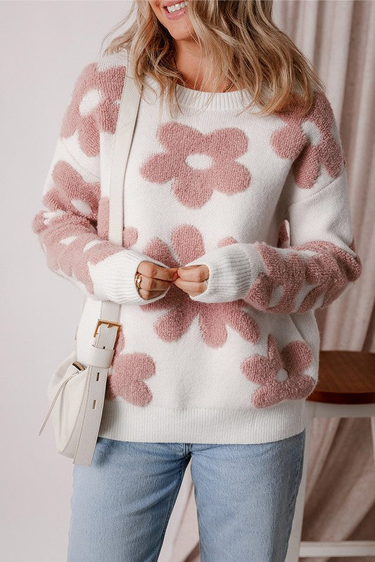 Women Flower Drop Shoulder Loose Sweater - Fuzzys Fashion USA