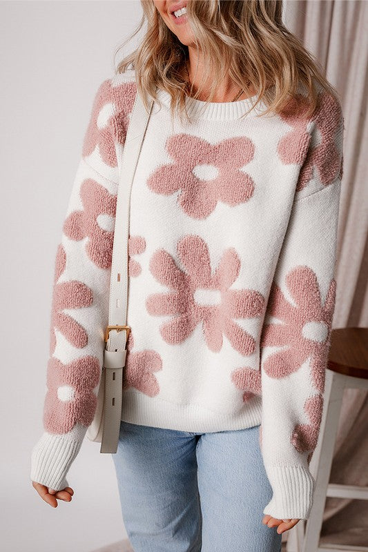 Women Flower Drop Shoulder Loose Sweater - Fuzzys Fashion USA