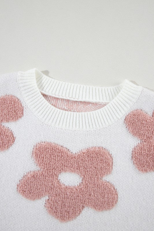 Women Flower Drop Shoulder Loose Sweater - Fuzzys Fashion USA