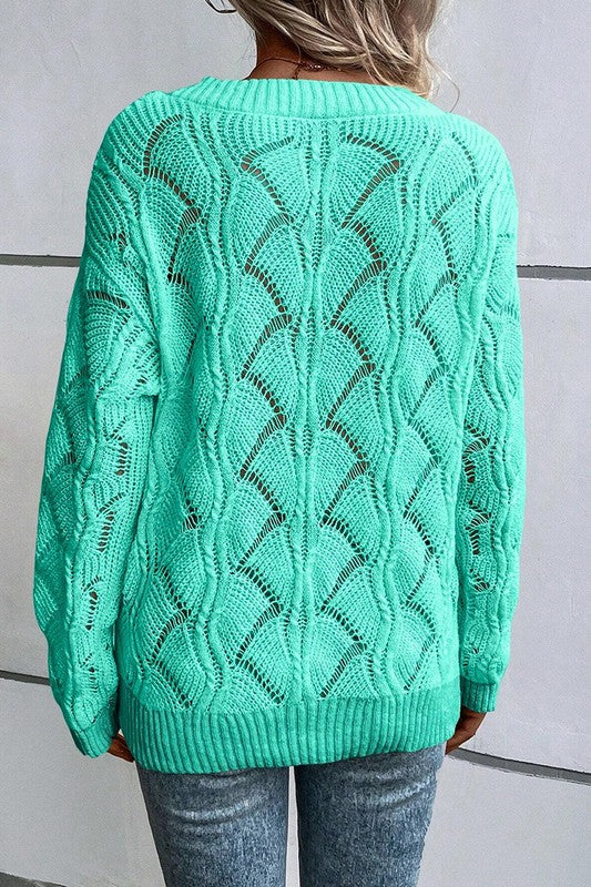 Women Hollow Out Knit V Neck Drop Shoulder Sweater - Fuzzys Fashion USA