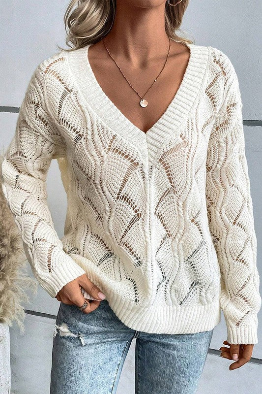Women Hollow Out Knit V Neck Drop Shoulder Sweater - Fuzzys Fashion USA