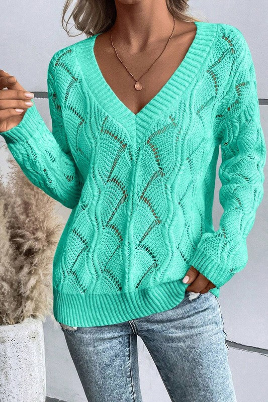Women Hollow Out Knit V Neck Drop Shoulder Sweater - Fuzzys Fashion USA
