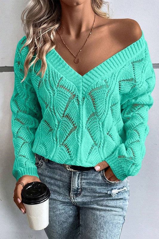 Women Hollow Out Knit V Neck Drop Shoulder Sweater - Fuzzys Fashion USA