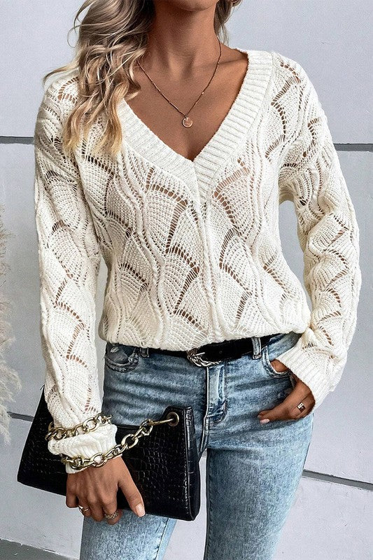 Women Hollow Out Knit V Neck Drop Shoulder Sweater - Fuzzys Fashion USA