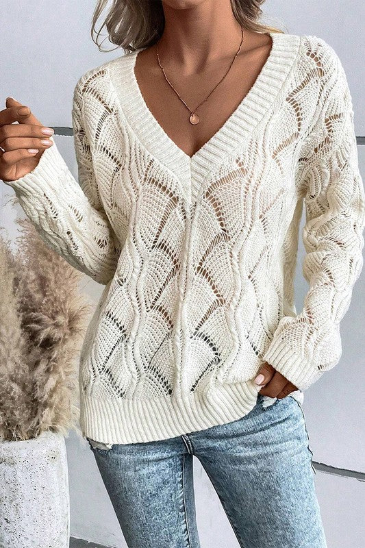 Women Hollow Out Knit V Neck Drop Shoulder Sweater - Fuzzys Fashion USA