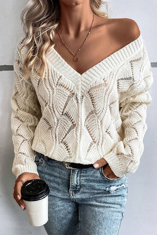 Women Hollow Out Knit V Neck Drop Shoulder Sweater - Fuzzys Fashion USA