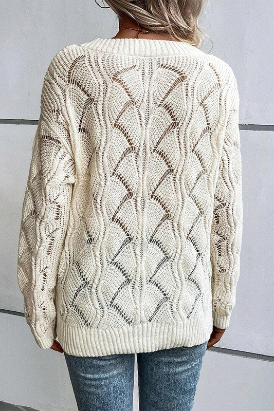 Women Hollow Out Knit V Neck Drop Shoulder Sweater - Fuzzys Fashion USA