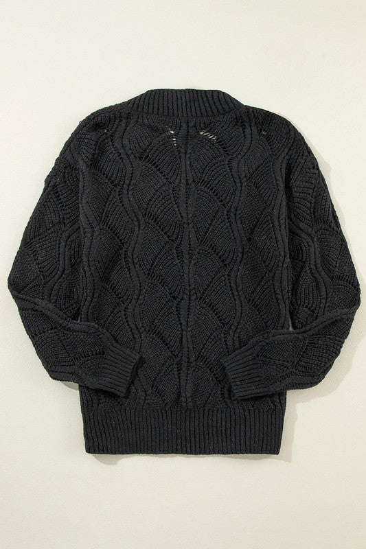 Women Hollow Out Knit V Neck Drop Shoulder Sweater - Fuzzys Fashion USA