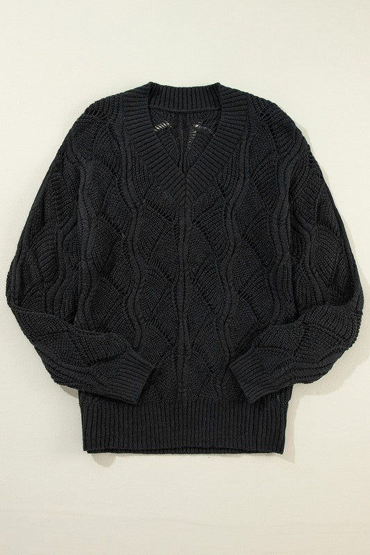 Women Hollow Out Knit V Neck Drop Shoulder Sweater - Fuzzys Fashion USA