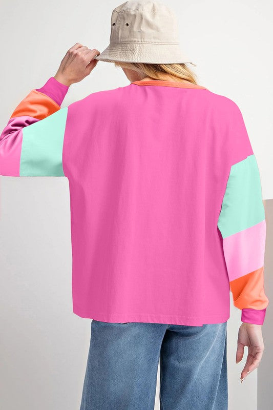 Women Colorblock Patchwork Long Sleeve Loose Top - Fuzzys Fashion USA