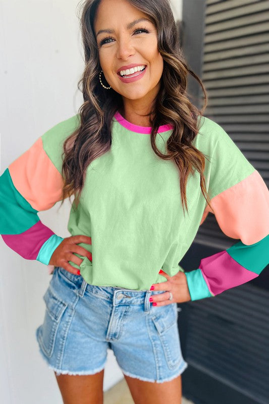Women Colorblock Patchwork Long Sleeve Loose Top - Fuzzys Fashion USA