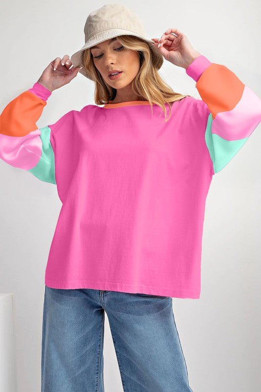 Women Colorblock Patchwork Long Sleeve Loose Top - Fuzzys Fashion USA