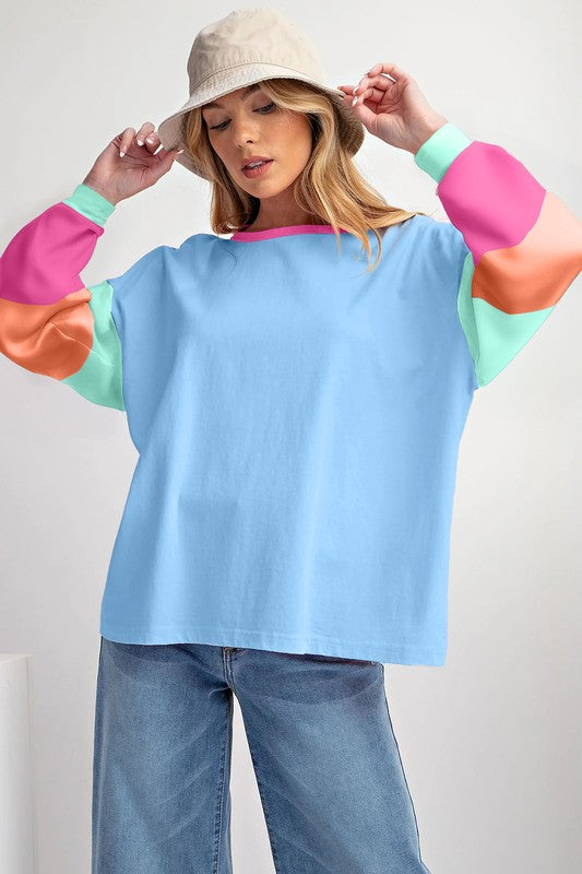 Women Colorblock Patchwork Long Sleeve Loose Top - Fuzzys Fashion USA
