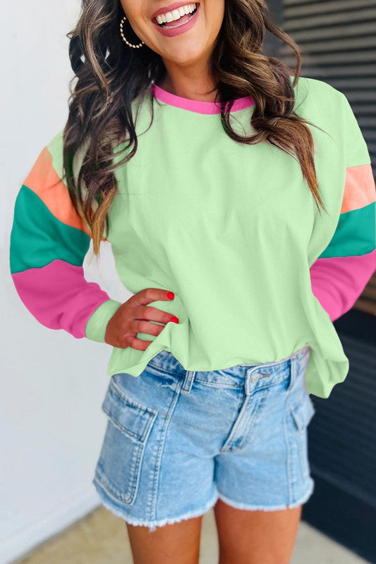 Women Colorblock Patchwork Long Sleeve Loose Top - Fuzzys Fashion USA