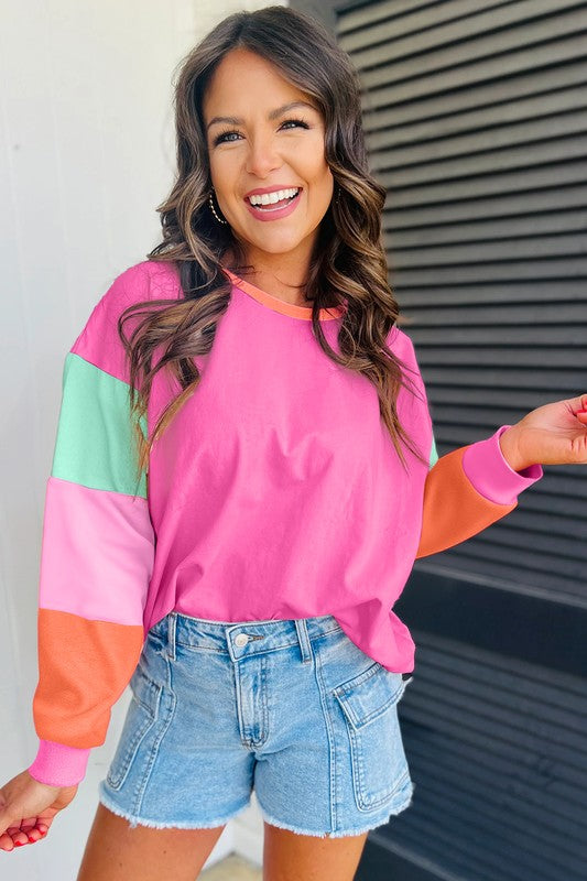 Women Colorblock Patchwork Long Sleeve Loose Top - Fuzzys Fashion USA