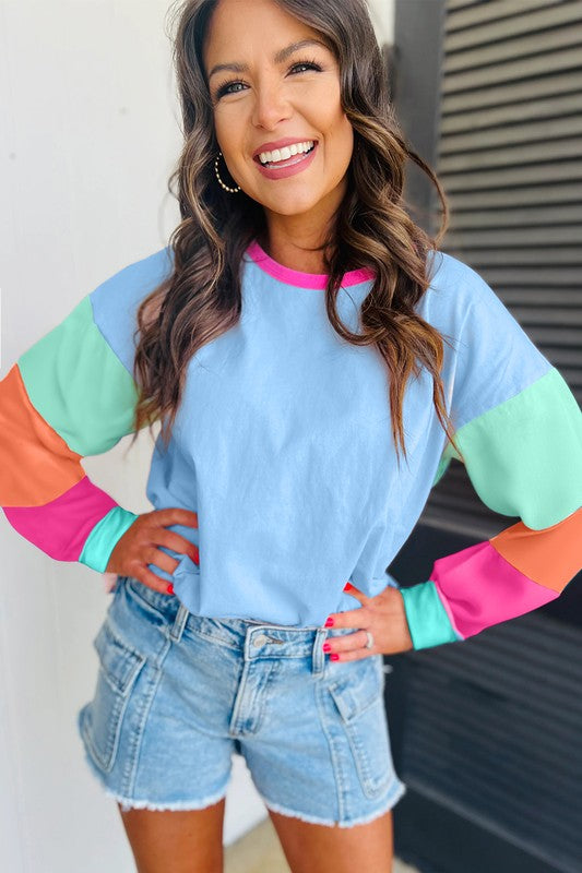 Women Colorblock Patchwork Long Sleeve Loose Top - Fuzzys Fashion USA