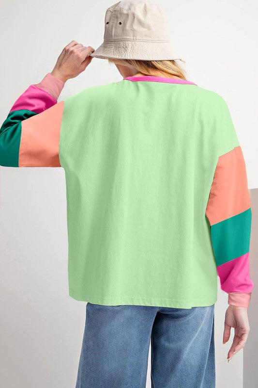 Women Colorblock Patchwork Long Sleeve Loose Top - Fuzzys Fashion USA