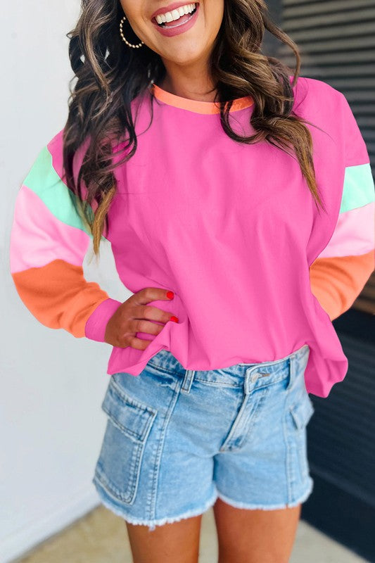 Women Colorblock Patchwork Long Sleeve Loose Top - Fuzzys Fashion USA