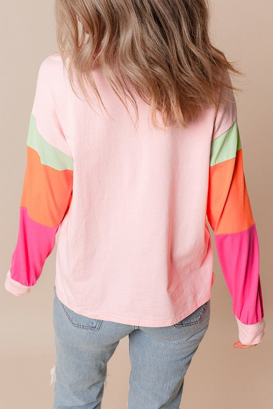 Women Colorblock Patchwork Long Sleeve Loose Top - Fuzzys Fashion USA