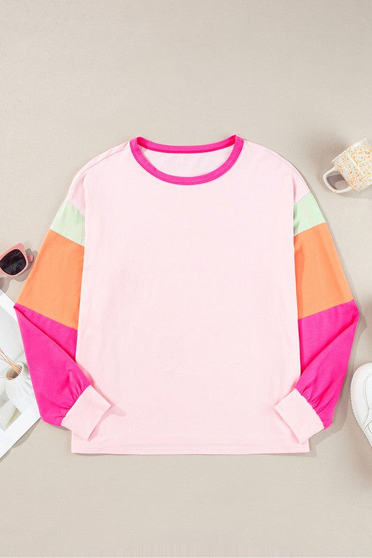 Women Colorblock Patchwork Long Sleeve Loose Top - Fuzzys Fashion USA
