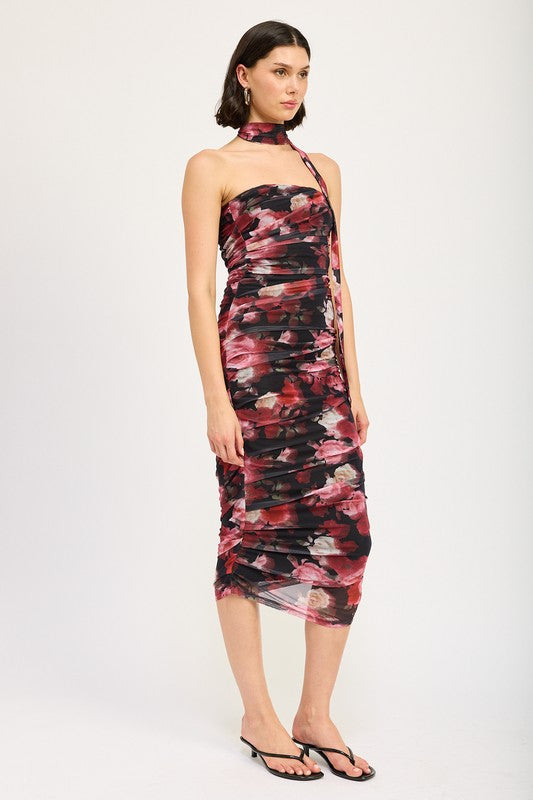 SHIRRED FLORAL MINI DRESS WITH SCARF - Fuzzys Fashion USA