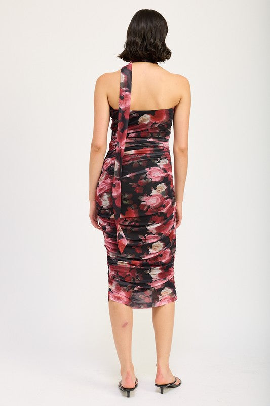 SHIRRED FLORAL MINI DRESS WITH SCARF - Fuzzys Fashion USA