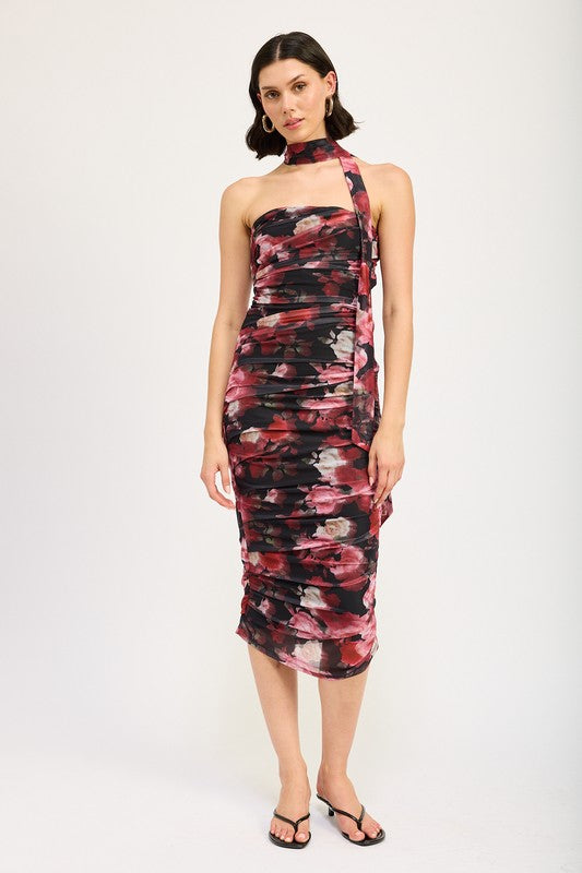 SHIRRED FLORAL MINI DRESS WITH SCARF - Fuzzys Fashion USA