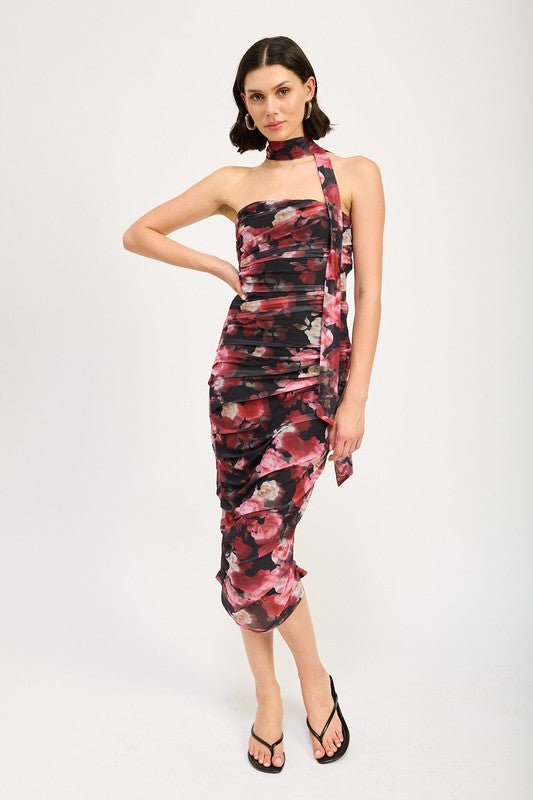 SHIRRED FLORAL MINI DRESS WITH SCARF - Fuzzys Fashion USA