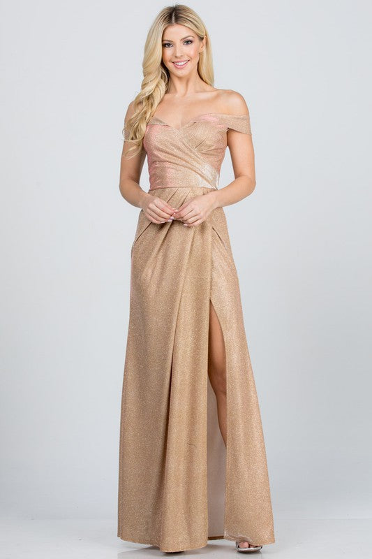 Off the shoulder glittery jacquard gathered gown - Fuzzys Fashion USA