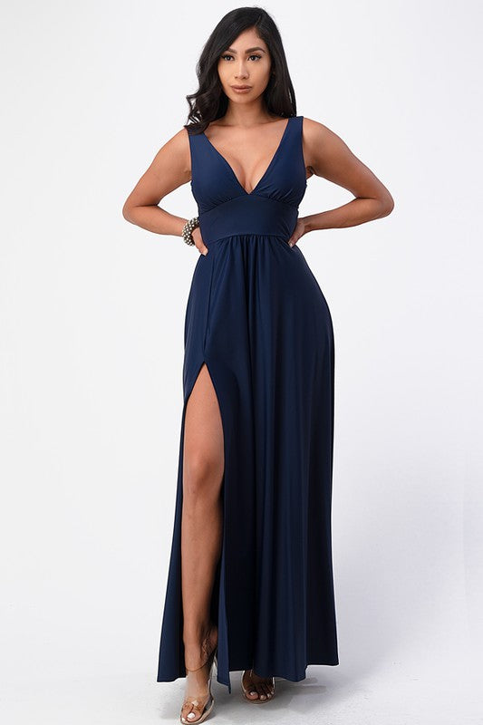 dull tricot deep V neck A line dress - Fuzzys Fashion USA