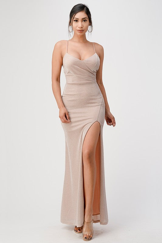 Sparkling knit jacquard side gather spaghetti gown - Fuzzys Fashion USA