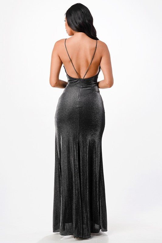 Sparkling knit jacquard side gather spaghetti gown - Fuzzys Fashion USA