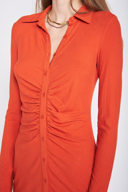 RUTCHED LONG SLEEVE DRESS - Fuzzys Fashion USA