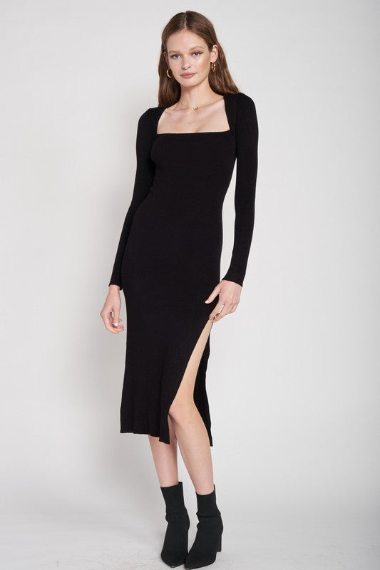 SQUARE NECK MIDI DRESS WITH SLIT - Fuzzys Fashion USA