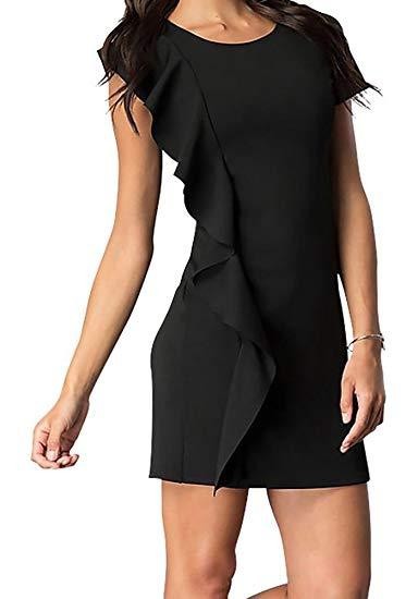 SHORT SLEEVE DRESS WITH ASYMMETRICAL RUFFLE - Fuzzys Fashion USA
