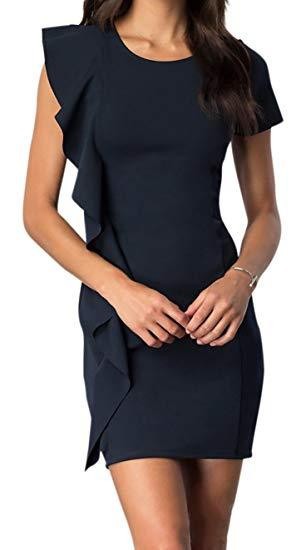 SHORT SLEEVE DRESS WITH ASYMMETRICAL RUFFLE - Fuzzys Fashion USA