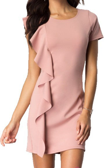 SHORT SLEEVE DRESS WITH ASYMMETRICAL RUFFLE - Fuzzys Fashion USA