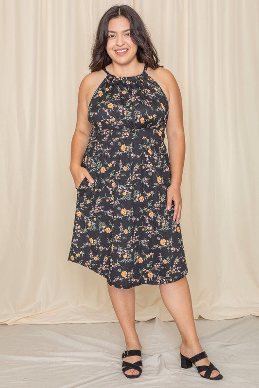 Plus Floral Halter Top Midi Dress - Fuzzys Fashion USA