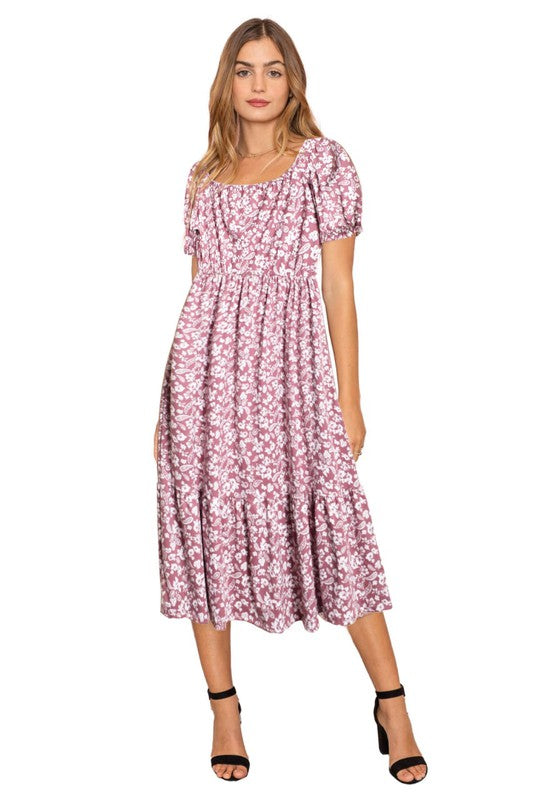 Paisley Floral Square Neck Puff Sleeve Boho Dress - Fuzzys Fashion USA