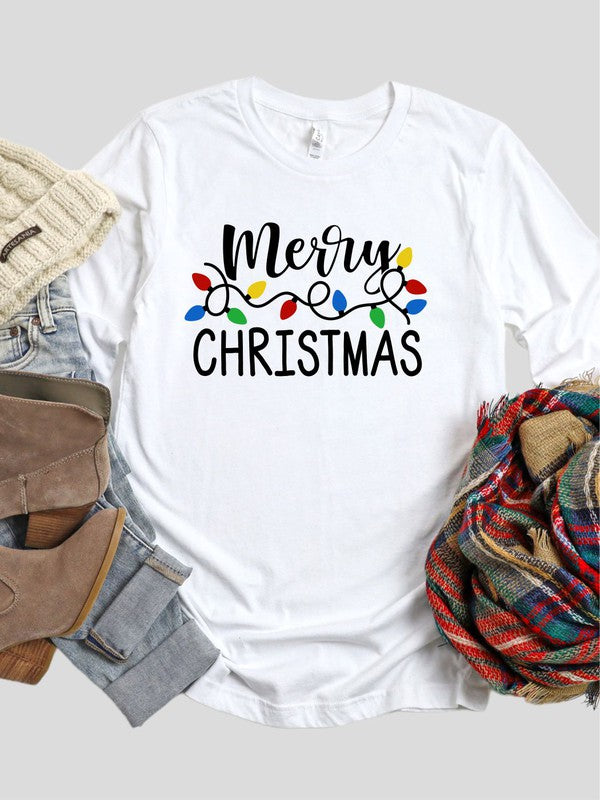 Ho Ho Ho Christmas Lights Crew Neck LS Tee - Fuzzys Fashion USA
