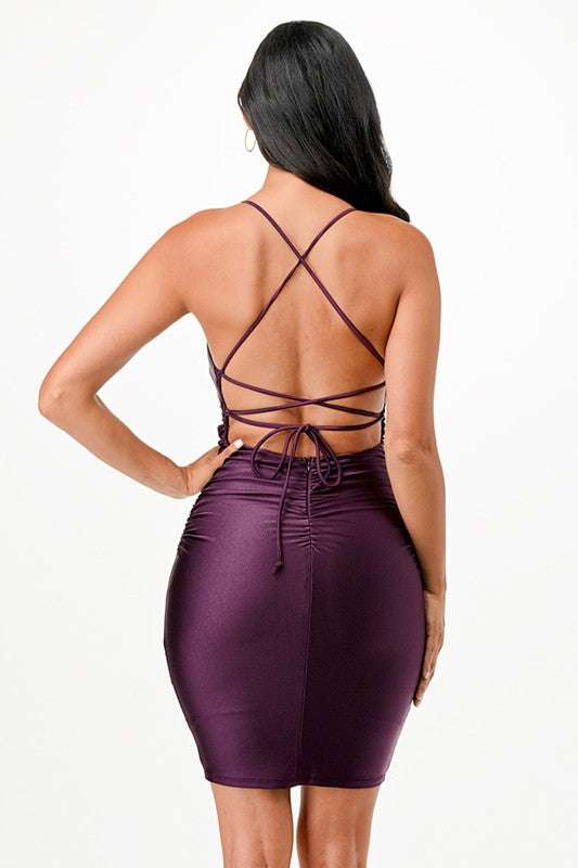 Back lace up short dress with waist shirring - Fuzzys Fashion USA