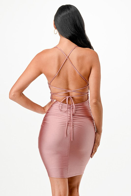 Back lace up short dress with waist shirring - Fuzzys Fashion USA