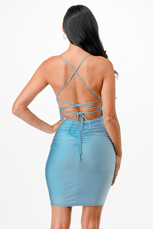 Back lace up short dress with waist shirring - Fuzzys Fashion USA
