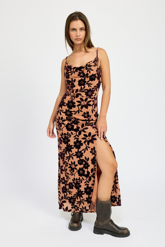 FLORAL PRINT COWL NECK MAXI DRESS - Fuzzys Fashion USA