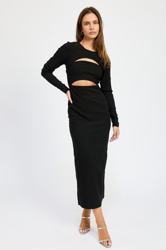 LONG SLEEVE CUTOUT MIDI DRESS - Fuzzys Fashion USA