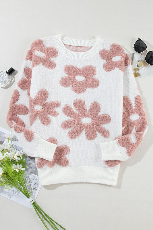 Women Flower Drop Shoulder Loose Sweater - Fuzzys Fashion USA